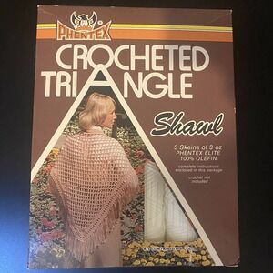Vintage Phentex Crocheted Triangle Shawl Crochet Yarn Kit - White Boho Hippie
